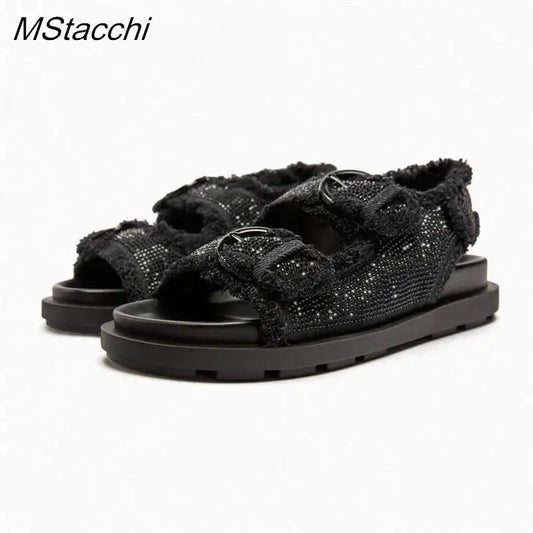 2024 Summer Women Flat Sandals Luxury Black Crystal Buckle Thick Bottom Sandals Concise Designer Plus-size Woman Platform Shoes